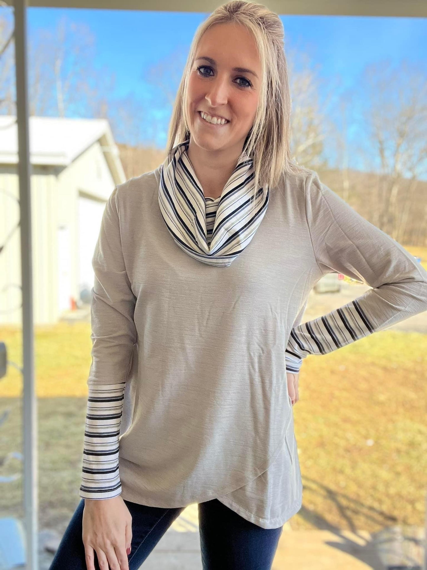 Striped Gray Cowlneck