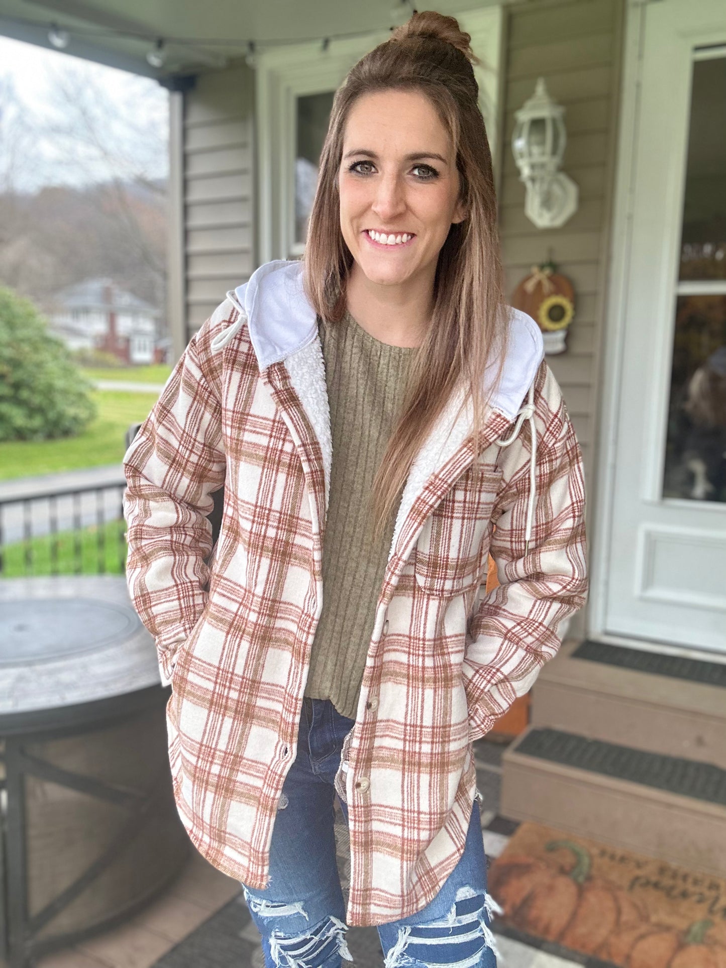 Rusty Red Plaid Hooded Shacket