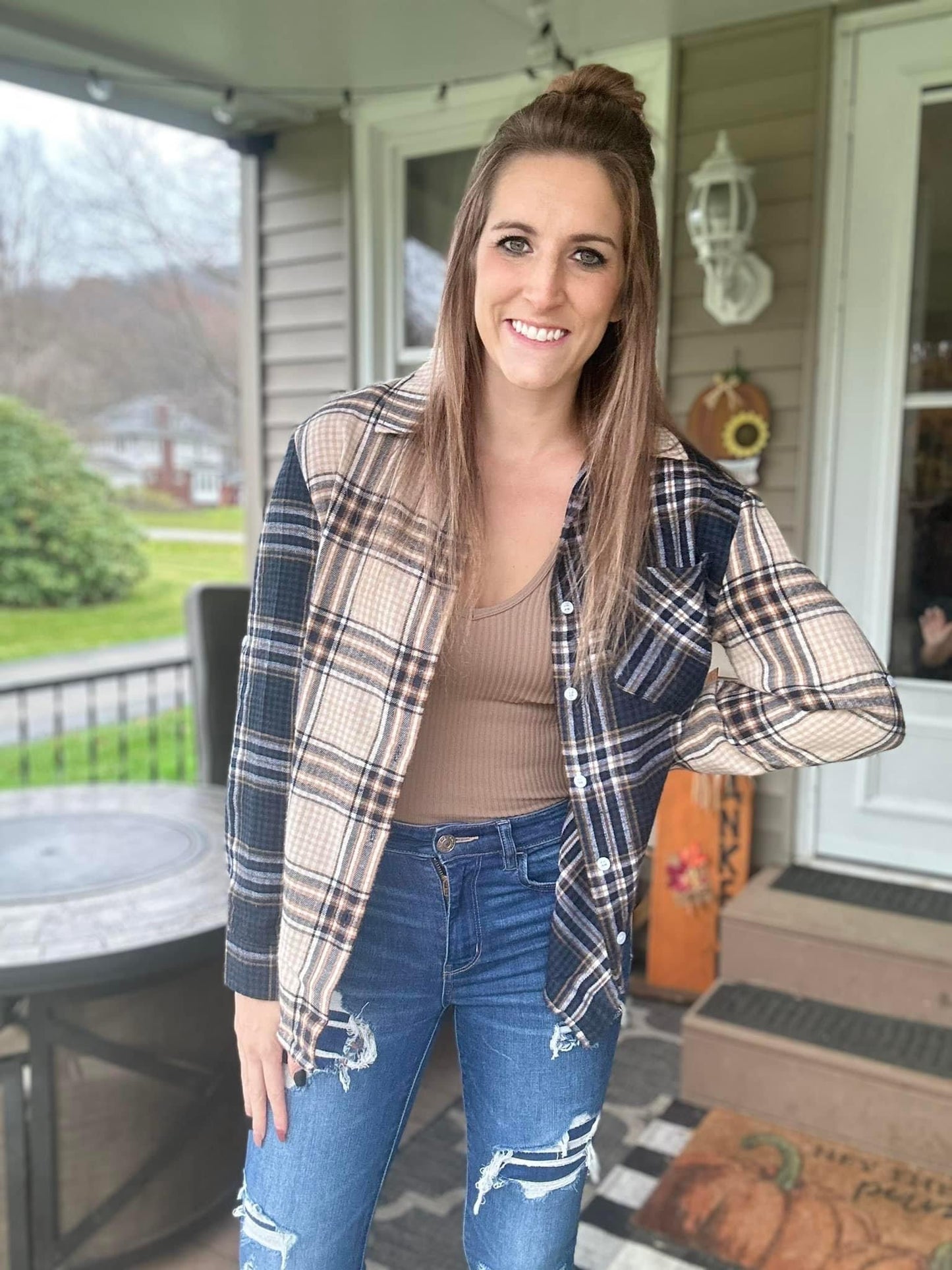 Colorblock Plaid Button Down Top