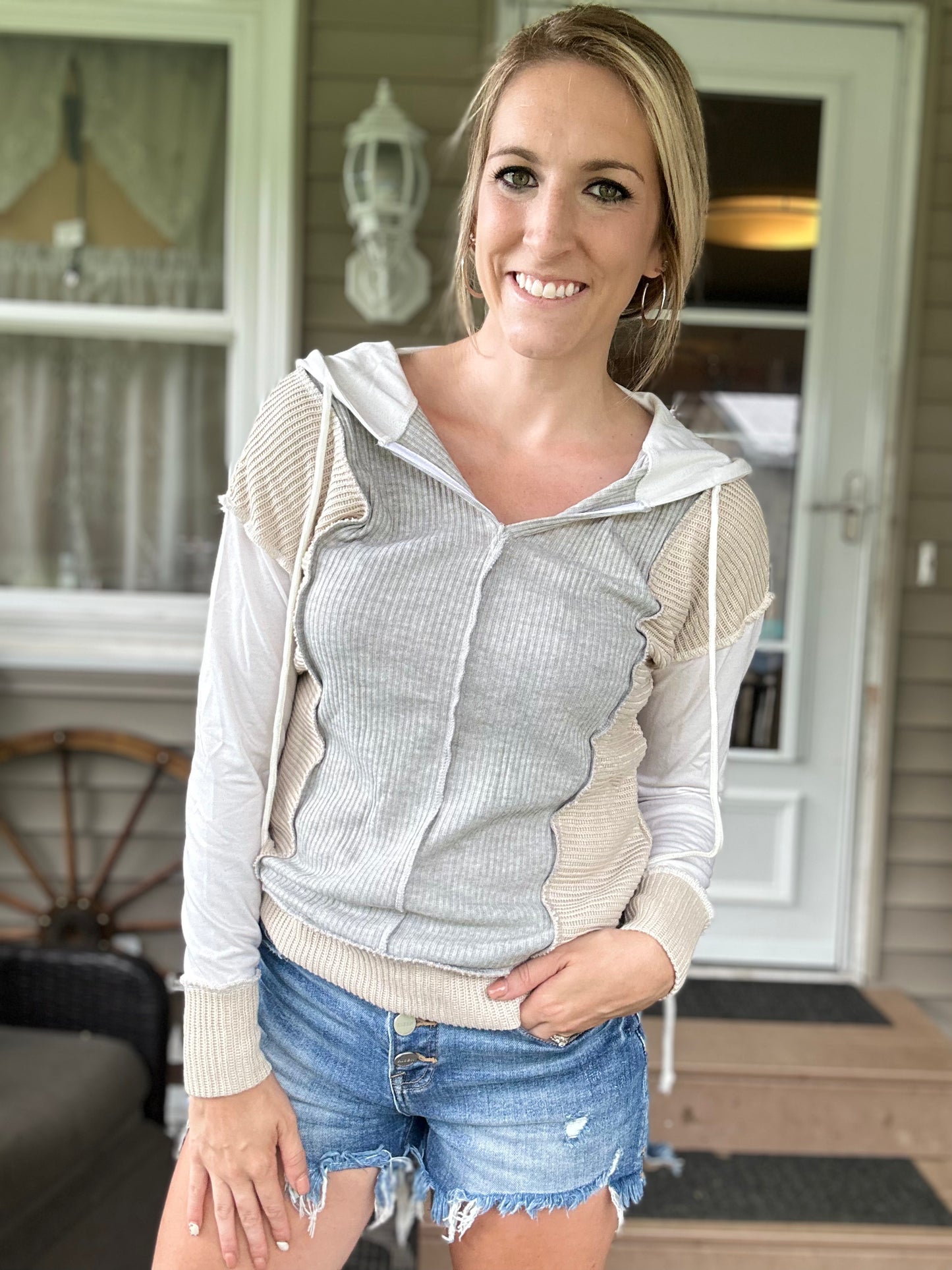 Patchwork Knit Hooded Long Sleeve