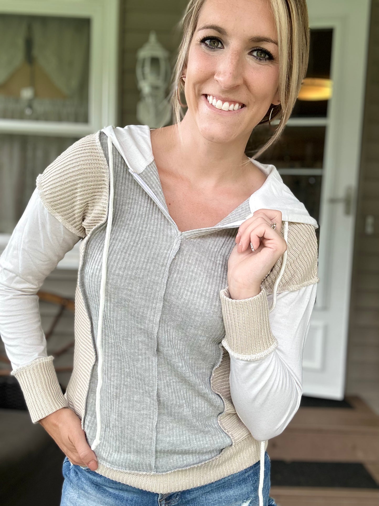 Patchwork Knit Hooded Long Sleeve