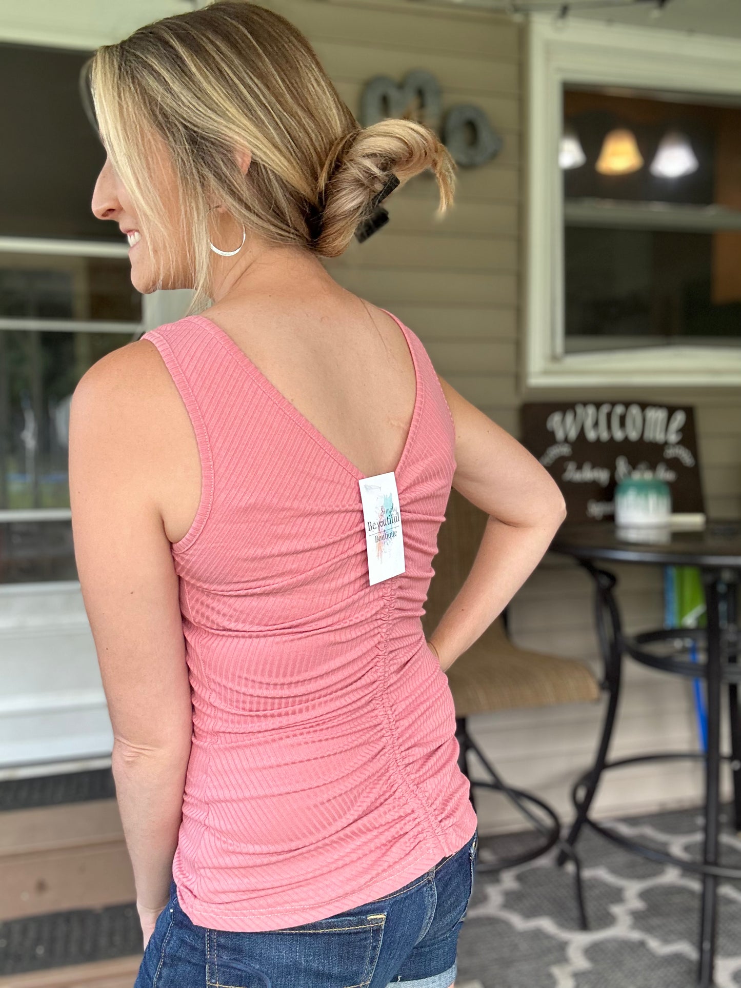 Ribbed Knit Ruched Tank