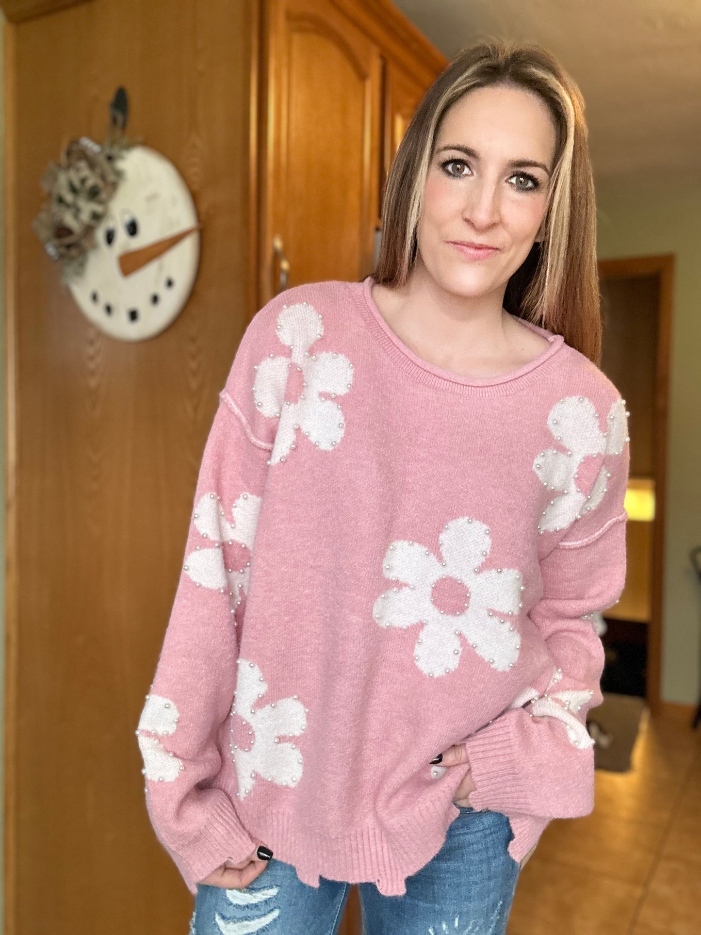 Pink Floral Spring Sweater