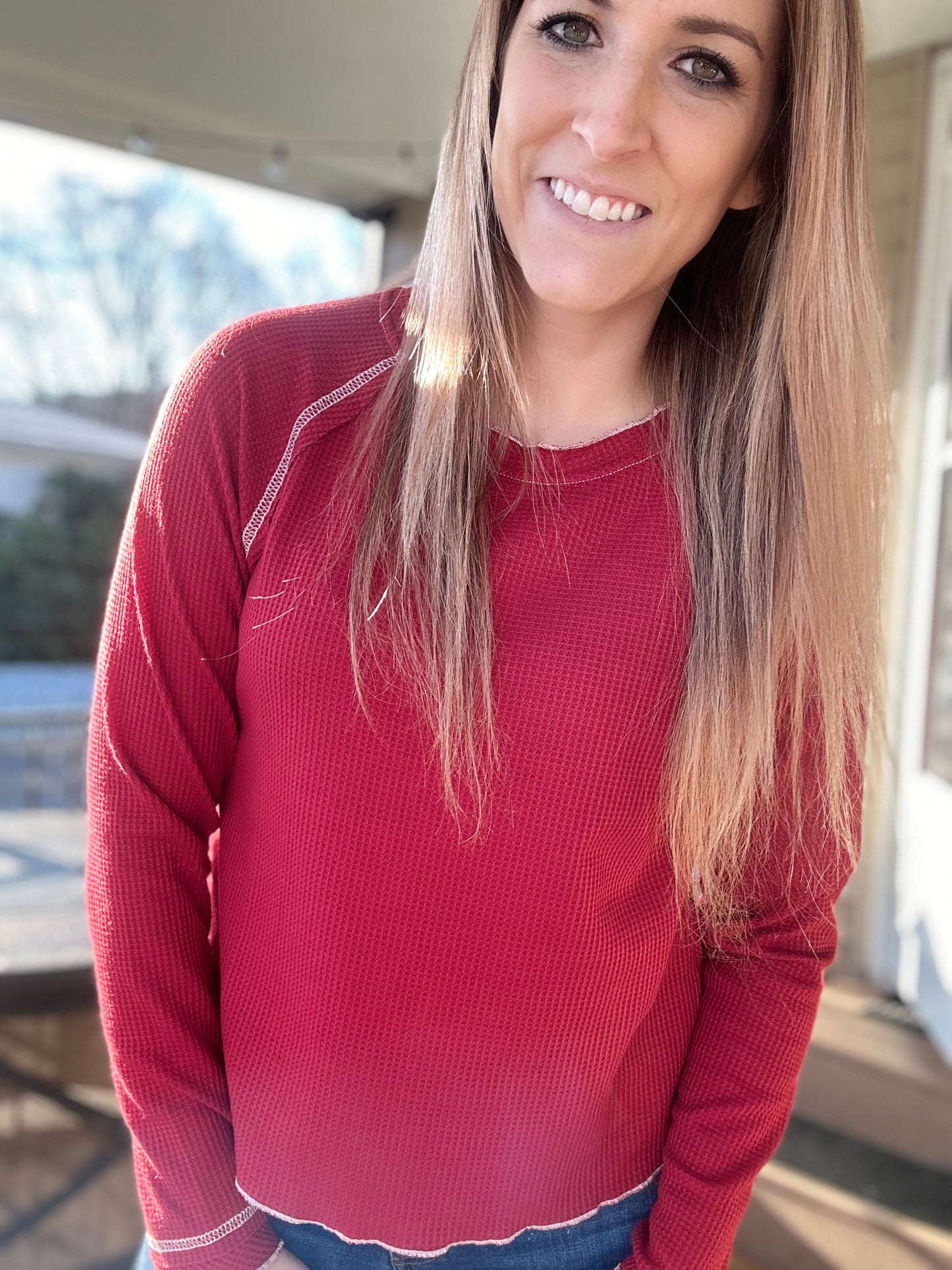 Red Waffle Knit Long Sleeve
