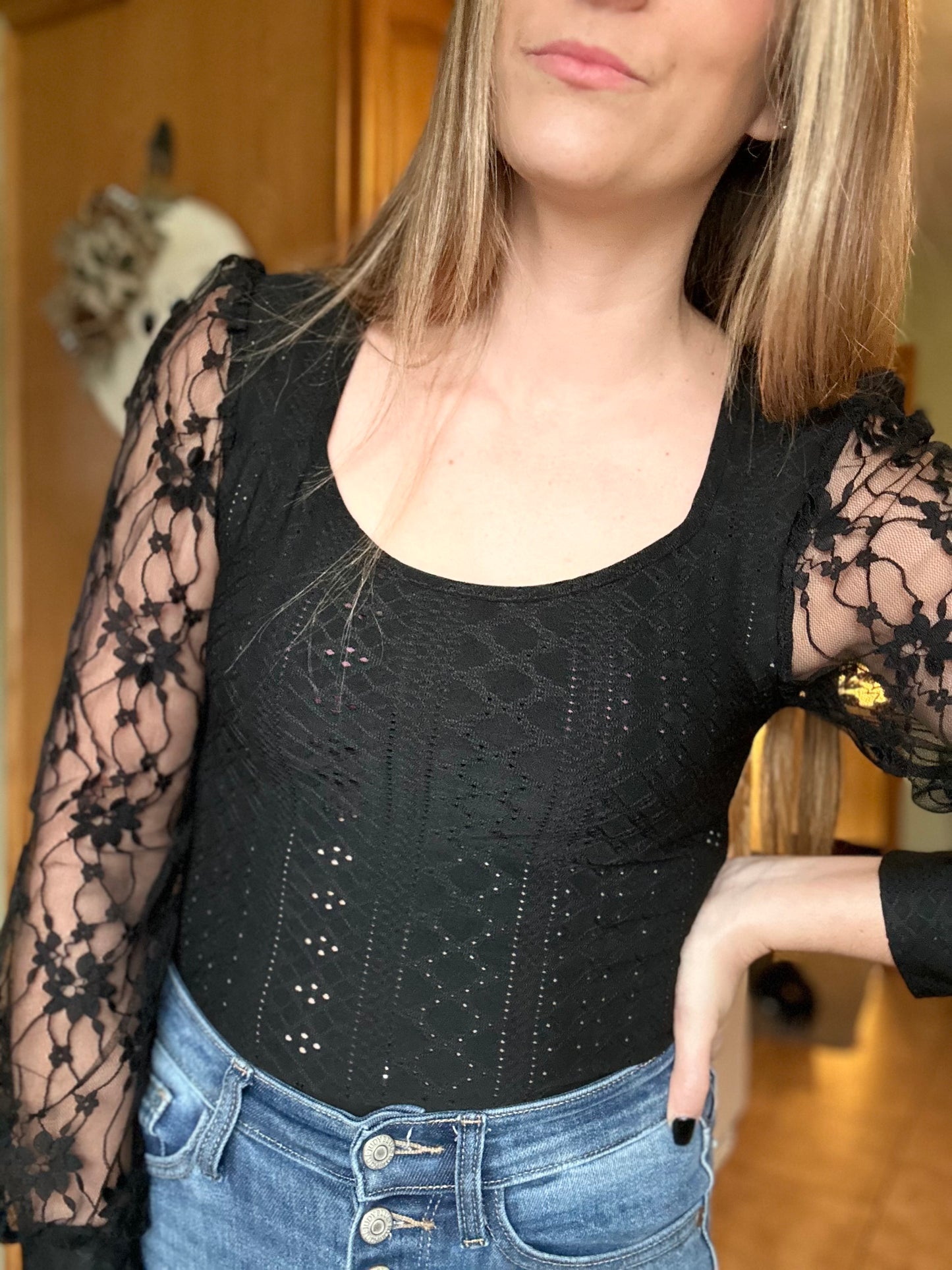 Black Floral Lace Sleeve Bodysuit
