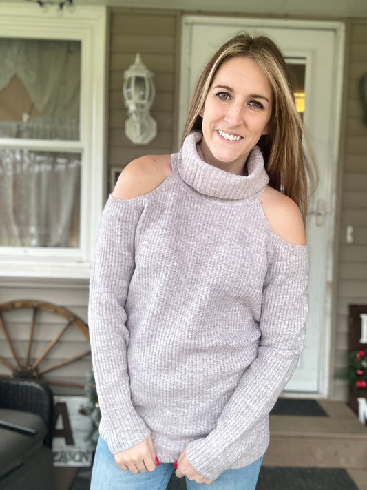 Gray Cold Shoulder Turtleneck Sweater