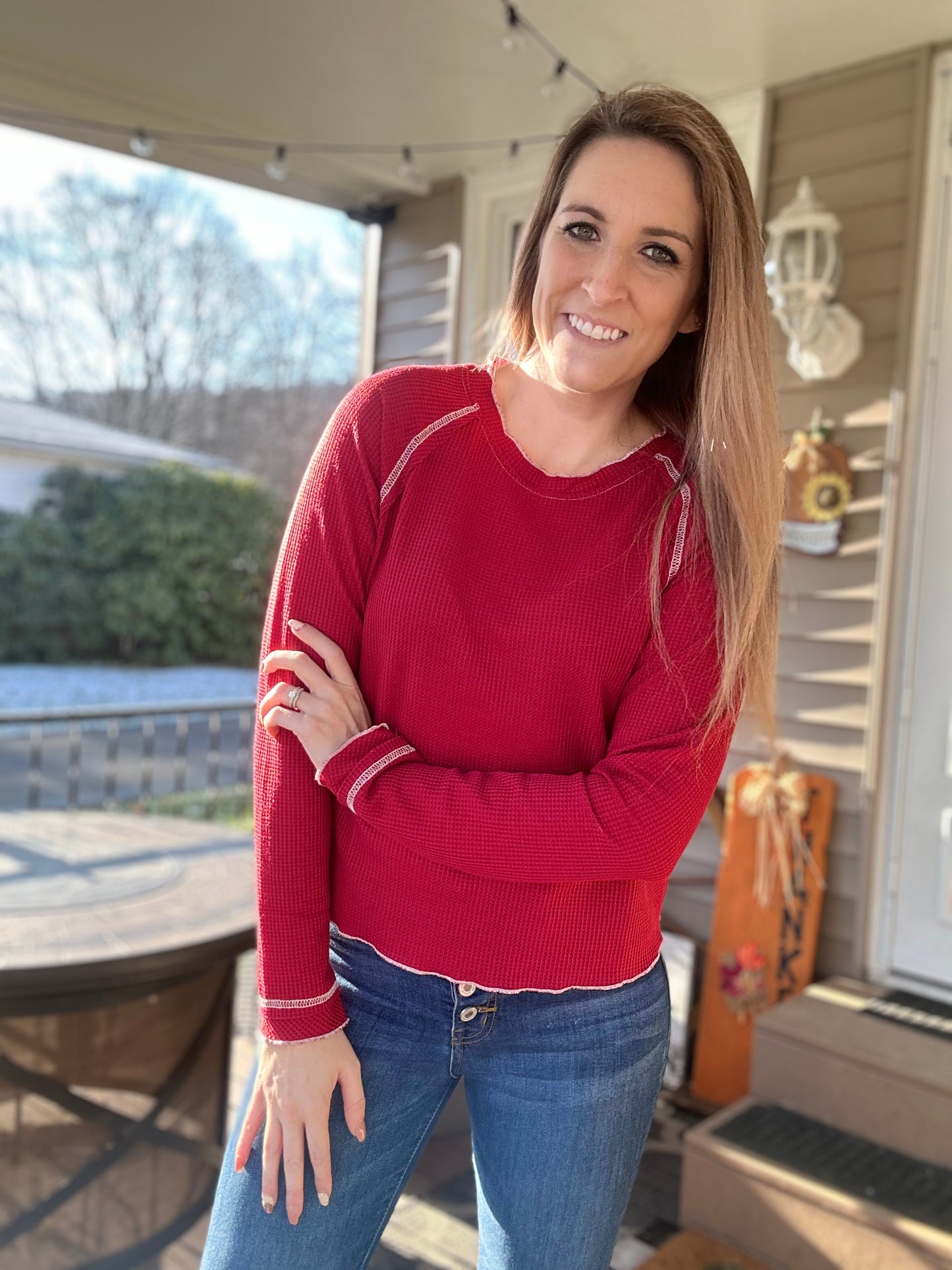 Red Waffle Knit Long Sleeve