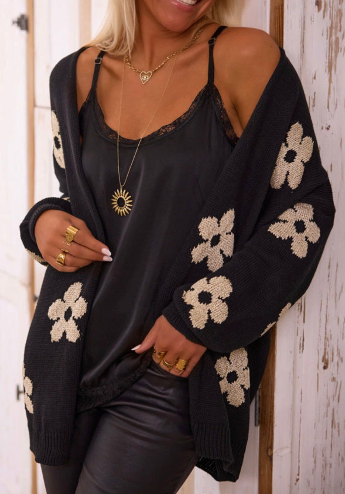 Black Floral Knit Cardigan