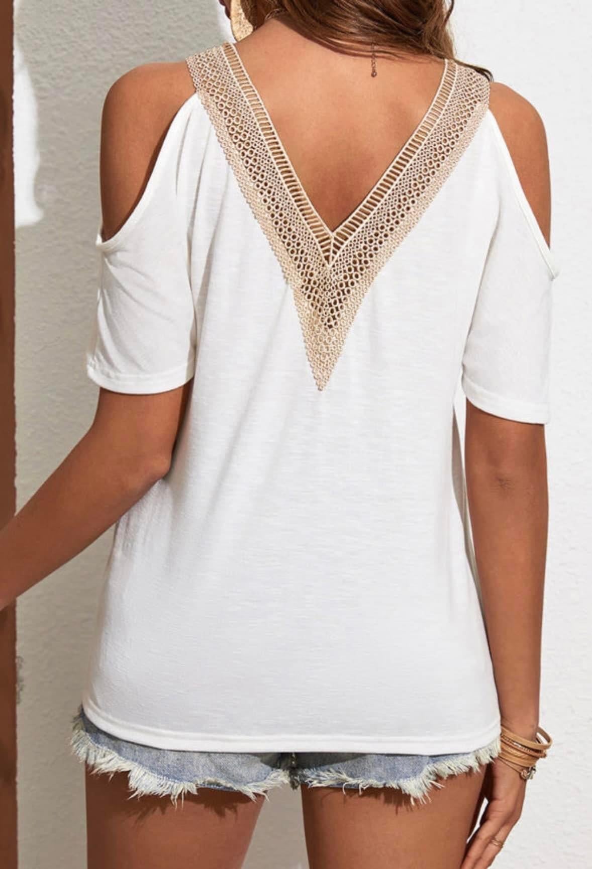 White and Tan Lace Cold Shoulder