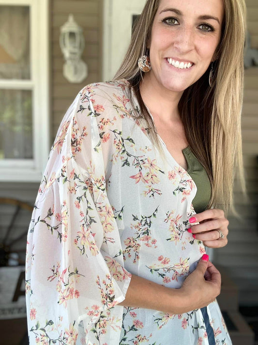 White Floral Wide Sleeve Kimono