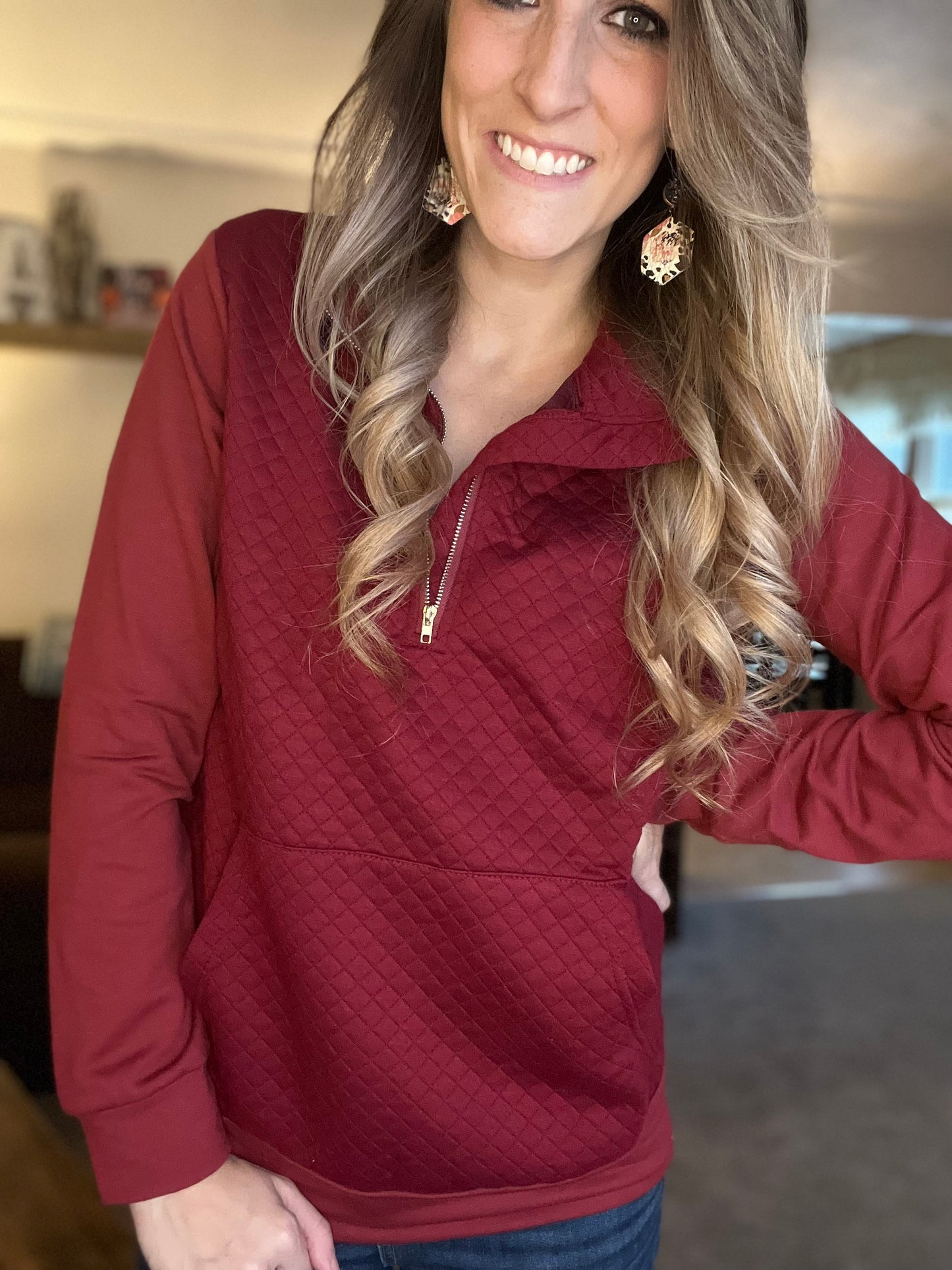 Wine Colored Waffle Zip Up